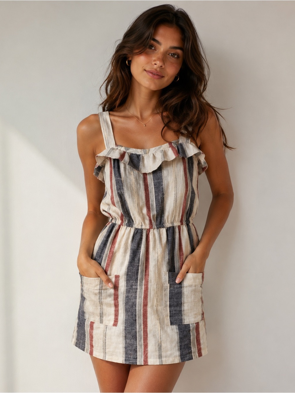 Flawless Boho Linen Stripe Ruffle Mini summer Cottagecore Sundres